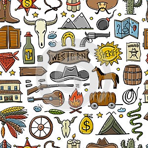 Wild Western. Adventure Background. Icons collection for your design