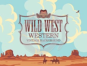 Wild western banner with cloudy sky and cowboys