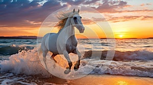 Wild white horse galloping free at the beach against beautiful sunset