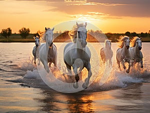 Wild white horses of Camargue running on water at Southern