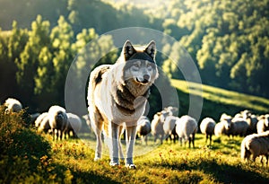 Wild wolf in front of a flock of sheep in a sunny summer pasture near forest