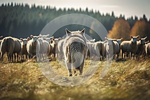 Wild wolf in front of herd of livestock sheep