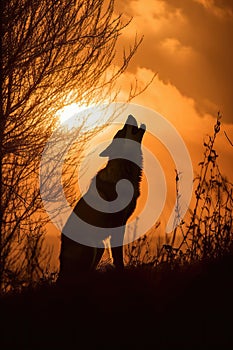 Wild Wolf howling in the forest at sunset. Amazing Wildlife