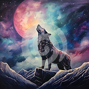 Wild wolf howling at the moon with a full moon. Lone Wolf\'s Serenade Under the Cosmic Ballet. Howl of the Wilderness.