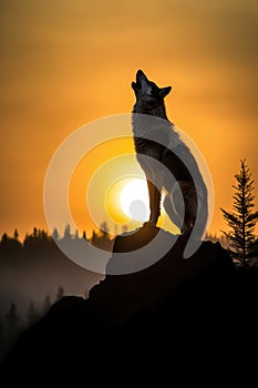 Wild Wolf howling on a rock at sunset. Giant sunset in the background. Amazing Wildlife. Generative Ai