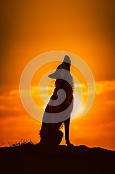 Wild Wolf howling on a rock at sunset. Giant sunset in the background. Amazing Wildlife. Generative Ai