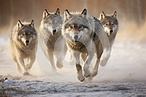Wild wolf pack walking on snow in a misty dawn. Amazing Wildlife. Generative Ai
