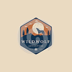 wild wolf vintage logo with moon and pine tree vector illustration design