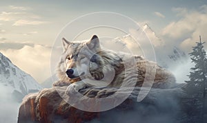 Wild wolfs in nature wilderness. Created with Generative AI technology.