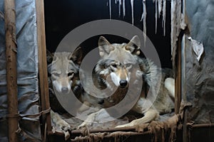 Wild wolves in captivity. Dirty, sick, skinny wolves in poor conditions in zoos, circuses, live in deplorable conditions