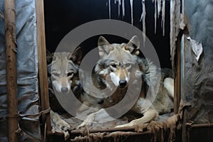 Wild wolves in captivity. Dirty, sick, skinny wolves in poor conditions in zoos, circuses, live in deplorable conditions photo