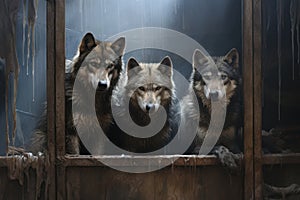 Wild wolves in captivity. Dirty, skinny, sick wolves in poor conditions in zoos, circuses, live in deplorable conditions photo