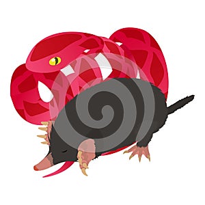 Wild world icon isometric vector. Black mole animal near bright red cobra icon