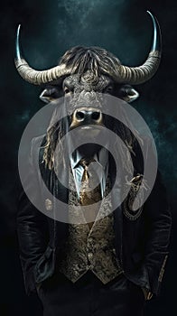 Wild Yak dressed in an elegant and modern suit with a nice tie