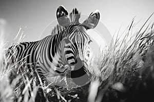 Generative Ai, wild zebra walking in the middle of dry grass savanna with stripes, African wild zebra animal close-up