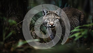 Wildcat beauty in nature, danger lurking, tiger stalking prey generated by AI