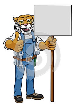 Wildcat Cartoon Mascot Handyman Holding Sign