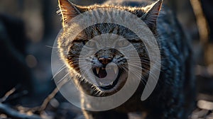 Wildcat in forest showing aggressive expression with open mouth and sharp teeth
