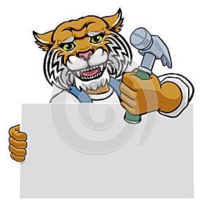 Wildcat Hammer Cartoon Mascot Handyman Carpenter