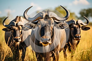 Wildebeest family safari. Traversing the savannah, showcasing the raw beauty and unbreakable bond