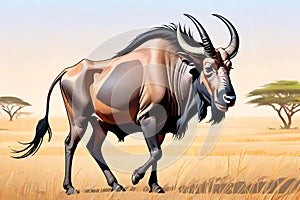 Wildebeest gnu antelope animal walking grassland