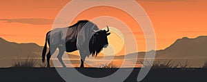 Wildebeest or gnu antelope on a beautiful sunset landscape, illustration generated by ai