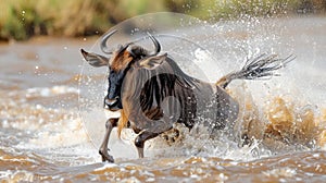 Wildebeest leap into the Mara River during the great migration in Masai Mara National Park, Kenya and Tanzania, creating an iconic