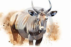 Wildebeest in watercolor, antelope, animals, african savannah, illustration. Generative AI