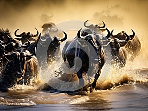 Wildebeests are crossing Mara river. Great Migration. Kenya. Tanzania. Masai Mara National Park