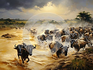 Wildebeests are crossing Mara river Great Migration Kenya Tanzania Masai Mara National Park  Made With Generative AI illustration