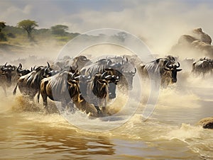 Wildebeests are crossing Mara river Great Migration Kenya Tanzania Masai Mara National Park  Made With Generative AI illustration