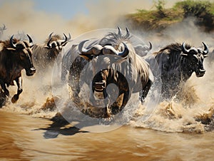 Wildebeests are crossing Mara river Great Migration Kenya Tanzania Masai Mara National Park  Made With Generative AI illustration