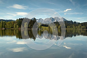 Wilder Kaiser mountain range reflected in a mountain lake