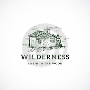 Wilderness Abstract Vector Sign, Symbol or Logo Template. Elegant Cabin in the Wood Drawing Sketch with Classy Retro