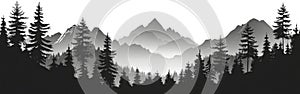 Wilderness Adventure: Silhouette of Mountain and Fir Trees in Black for Logo or Illustration - Vector Panorama Landscape