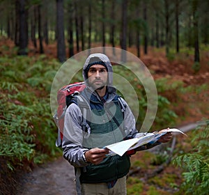 The wilderness awaits your discovery. a man in a pine forest with a map, figuring out his orientation.