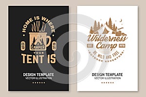 Wilderness camp. Be wild and free. Vector. Flyer, brochure, banner, poster design with cup, campin tent, axe and forest photo