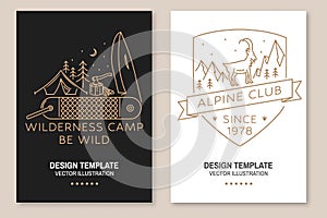 Wilderness camper. Be wild. Alpine club. Vector. Set of Line art flyer, brochure, banner, poster with bear with pocket