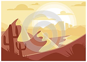 Wilderness landscape sunrise, bring sunset sand dunes, american desert place with wild cactus cartoon vector