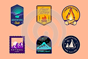 Wilderness and nature outdoor badges, hiking labels, mountain themed logos. Vector hiking, camping, outdoor badges.