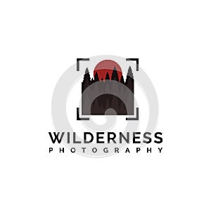 Wilderness photography logo with pine forest, sun and abstract square target of camera vector