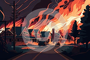 wildfire approaching a suburban neighborhood, with flames leaping over fences and threatening to engulf houses, concept