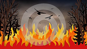 Wildfire background. Smoke in the air, fir trees in fire, natural disaster. Birds flying away from flame of burning forest trees.