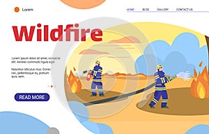 Wildfire banner template - firemen extinguishing wild fire in nature