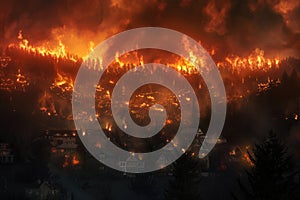 Wildfire consuming forest and houses at night