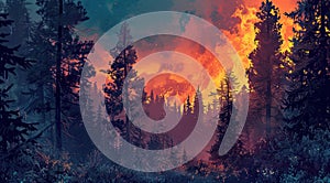 Wildfire disaster Blaze consumes forest, endangering surroundings. Generated AI