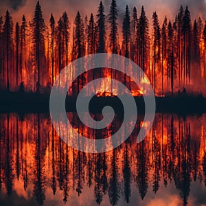 A wildfire engulfing a dense forest. photo