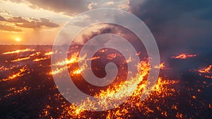 wildfire engulfs dry meadow, creating glowing embers and smoke photo