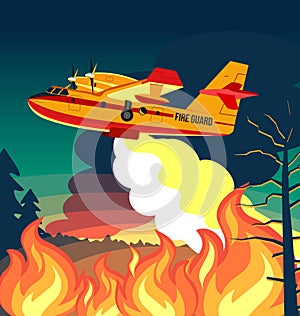 Wildfire firefighter plane or fire aircraft jet extinguish fire, poster or banner illustration