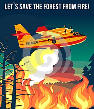 Wildfire firefighter plane or fire aircraft jet extinguish fire, poster or banner illustration